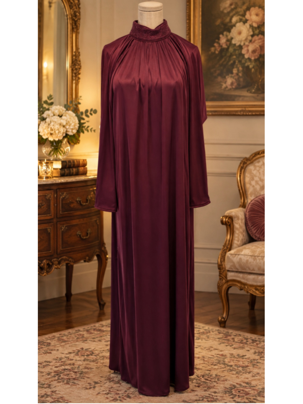 Vintage Bill Tice Burgundy Hostess Gown Embroidered High Neck Maxi Dress 1x-3x